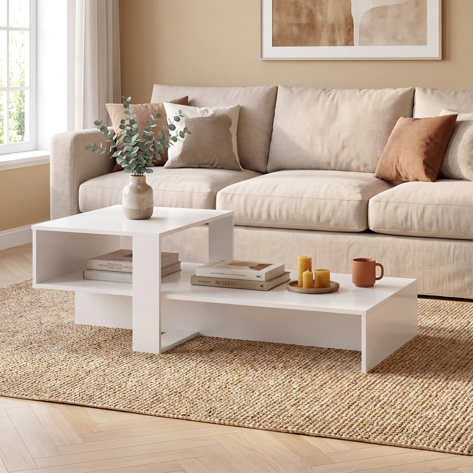 Furnibear 2 Tier Modern Irregular Coffee Table with Open Storage Shelf and Geometric Silhouette for Living Room for Home and Living Space, White