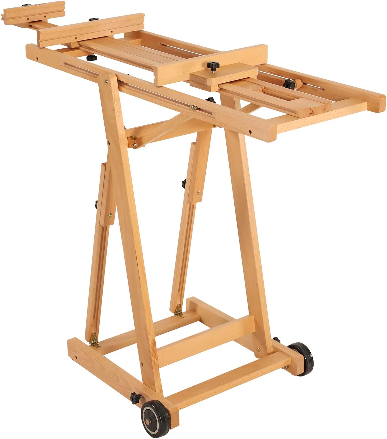 MEEDEN Large H-Frame Studio Easel, Wooden Art Easel with Wheels, Studio Artist Easel for Painting, Movable and Tilting Flat Available, Holds Canvas Up