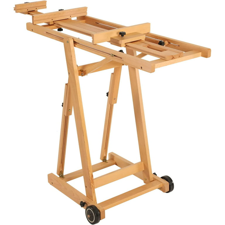 MEEDEN Large H-Frame Studio Easel, Wooden Art Easel with Wheels, Studio Artist Easel for Painting, Movable and Tilting Flat Available, Holds Canvas Up