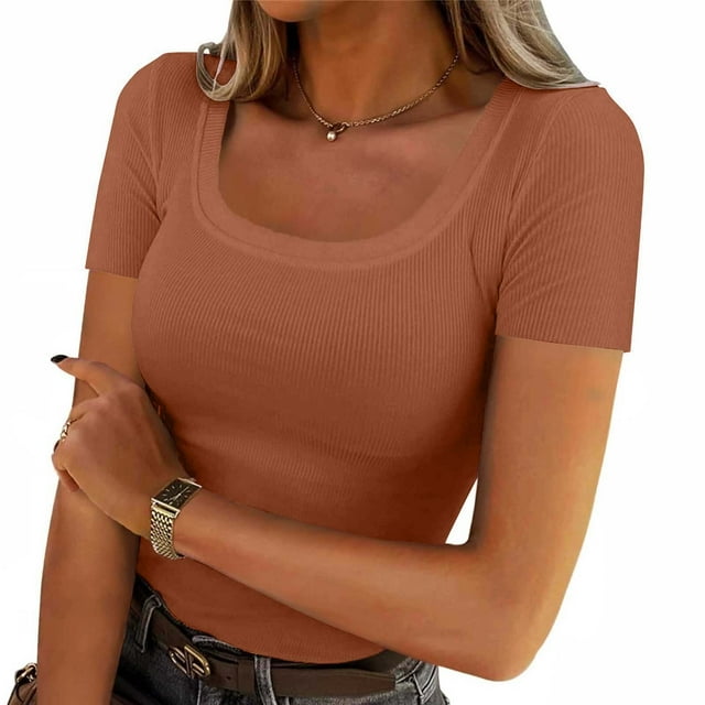 Ounisa Hauts pour Femmes 2026 Chemises à Manches Courtes Été Décontracté Col Rond Couche de Base Côtelée Ajustée T-Shirts
