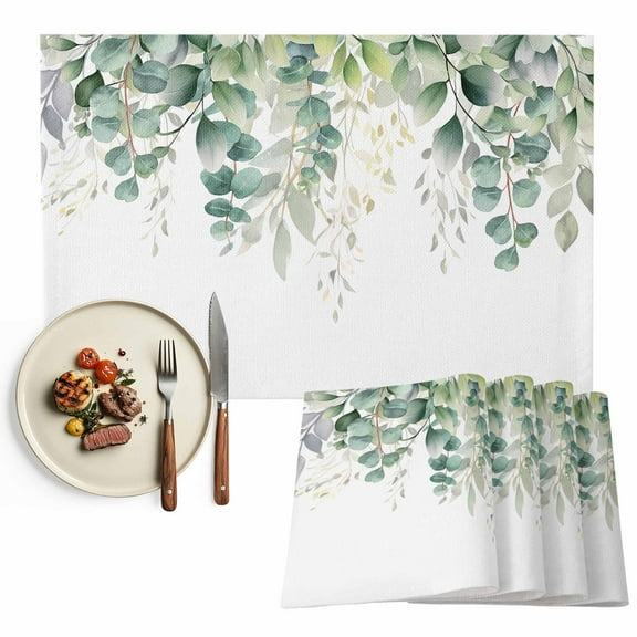 Green Floral Eucalyptus Placemats Set of 8, Rustic Watercolor Leaves Botanical Table Mats Washable Heat-Insulation Non-Slip Place Mats for Kitchen Dinner Table Indoor Outdoor Decor,13x19 Inch