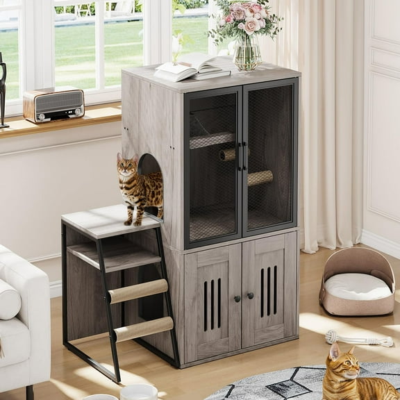Ataucjin Cat Litter Box Enclosure for 2 Cats and Doors,Double Cat House with Storage Space,Enclosed Litter Box Furniture with Ladder