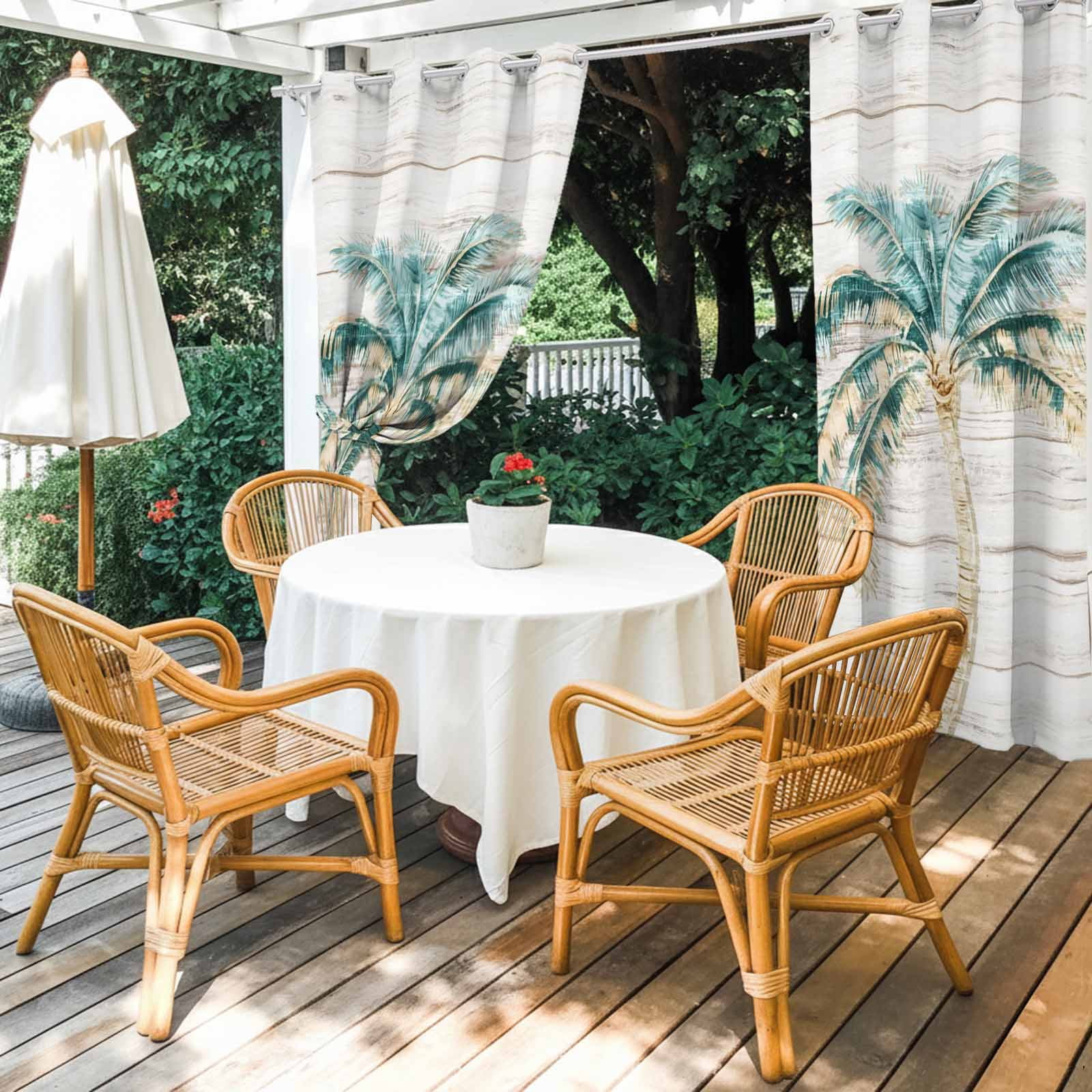 Palm Tree Outdoor Curtains for Patio, Vintage Green Tree Coastal Plant Modern Wood Striped Sunshade Privacy Drapes Grommet Waterproof Outside Curtains for Porch/Cabana/Balcony 54"x 108", 2 Panel