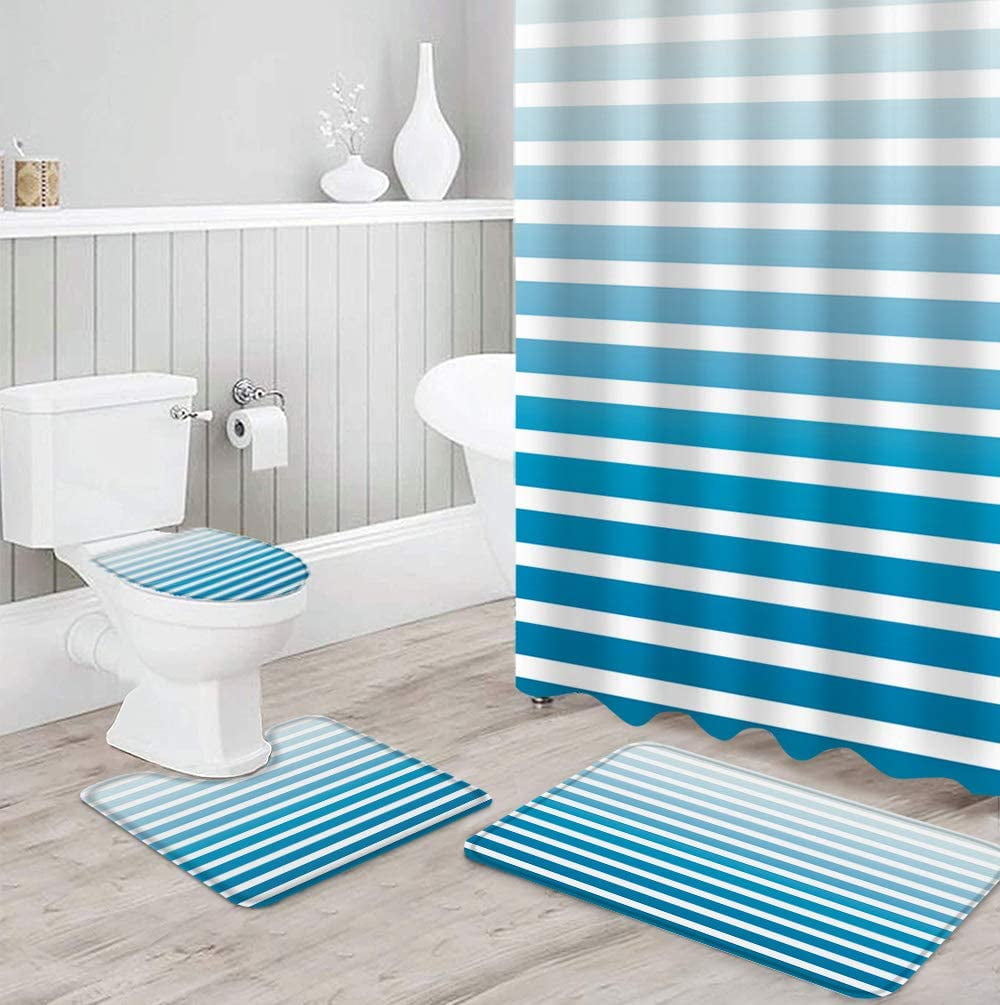 FMSHPON Modern Stripe 4 Piece Bathroom Set Shower Curtain Bath Rug ...