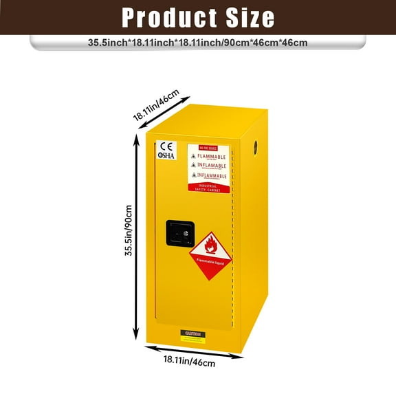 16 Gallon Flammable Storage Cabinet, 35.5x18.11x18.11" Galvanized Steel, Yellow Fireproof Liquid Storage, Hazardous Storage Cabinets, Safety Cabinets with Adjustable Thickened Shelf for Home Garage