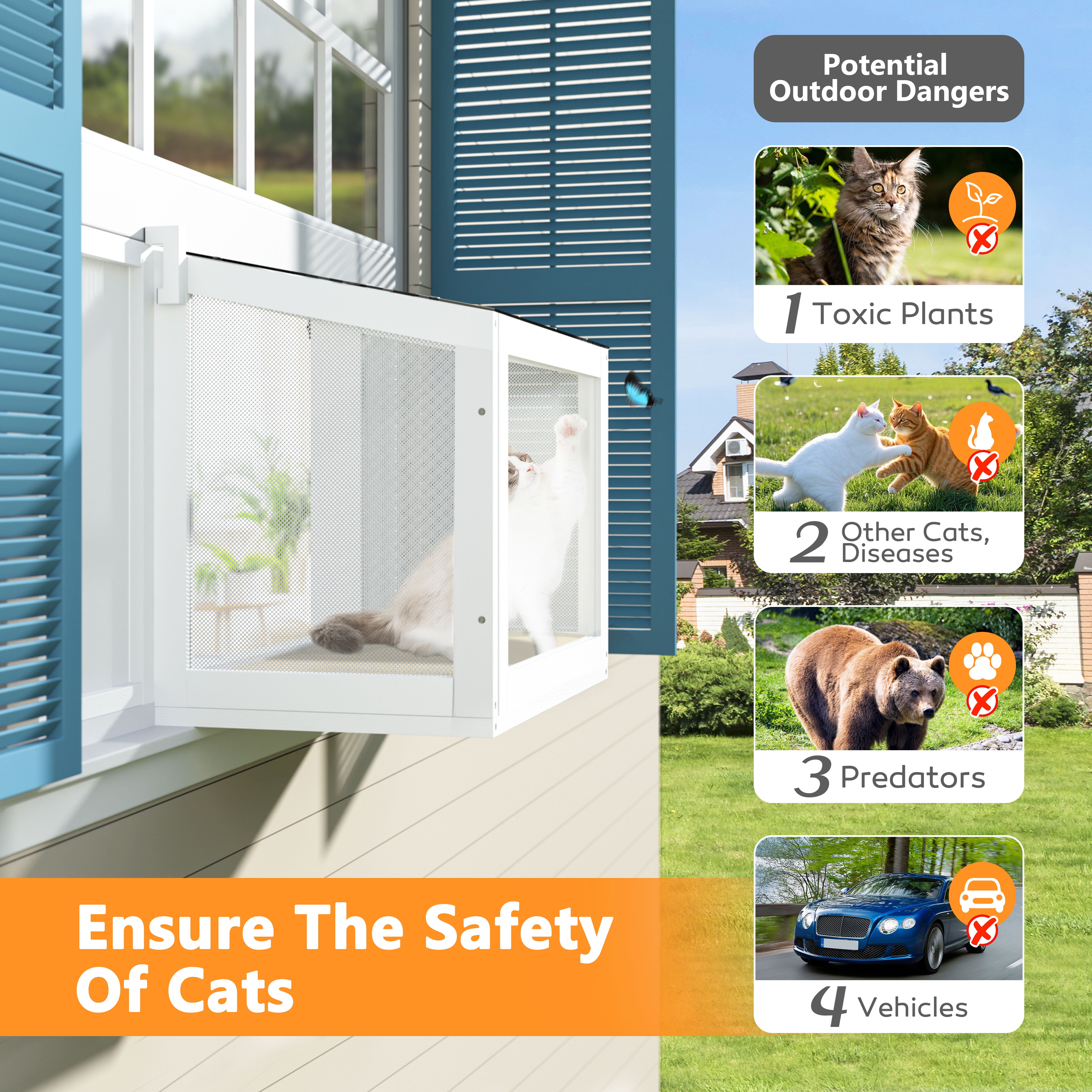 VEIKOUS Wooden Wall-Mounted Outdoor Cat Window House with Clear Plexiglass, Fits 26"-42" Window, White