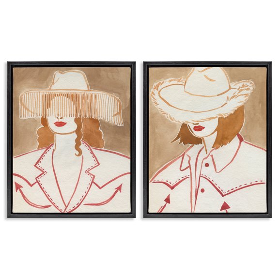 Stupell Industries Boho Cowgirls in Hats People Painting Black Floater Framed Canvas Art Print Wall Art, 17 x 21, Set of 2