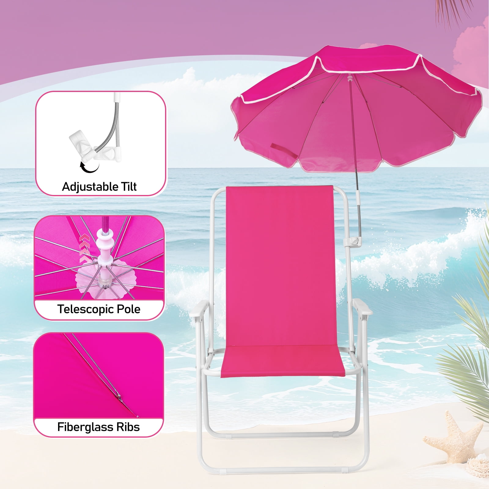 1 Pack Folding Beach Chair with Umbrella, XL Size, 15" Seat Height, Steel Spring Chair with Cross Bar, Oxford Cloth, 120kg Capacity, Barbie Pink