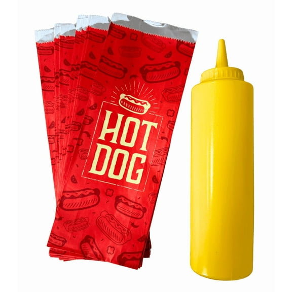 Hot Dog Foil Bags and Yellow Mustard Squeeze Bottle, 12oz (25)
