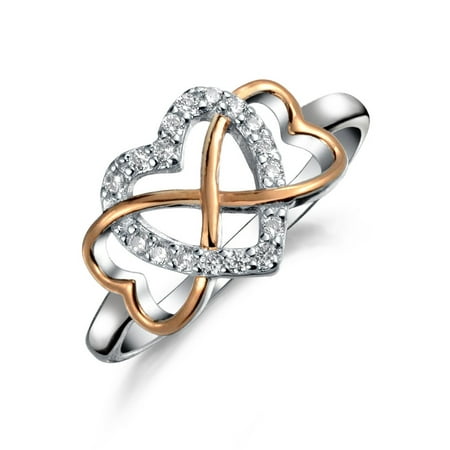 Two Tone Gold Promise Ring (Two Tone Heart CZ Infinity Statement Cubic Zirconia Promise Ring Rose 14K Gold Plated 925 Sterling Silver)