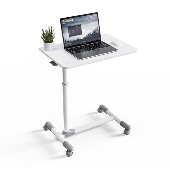 ETHU Overbed Table with Wheels, Pneumatic Height Adjustable Hospital Bed Table, Overbed Bedside Rolling Tray Table, Laptop Desk for Home and Hospital