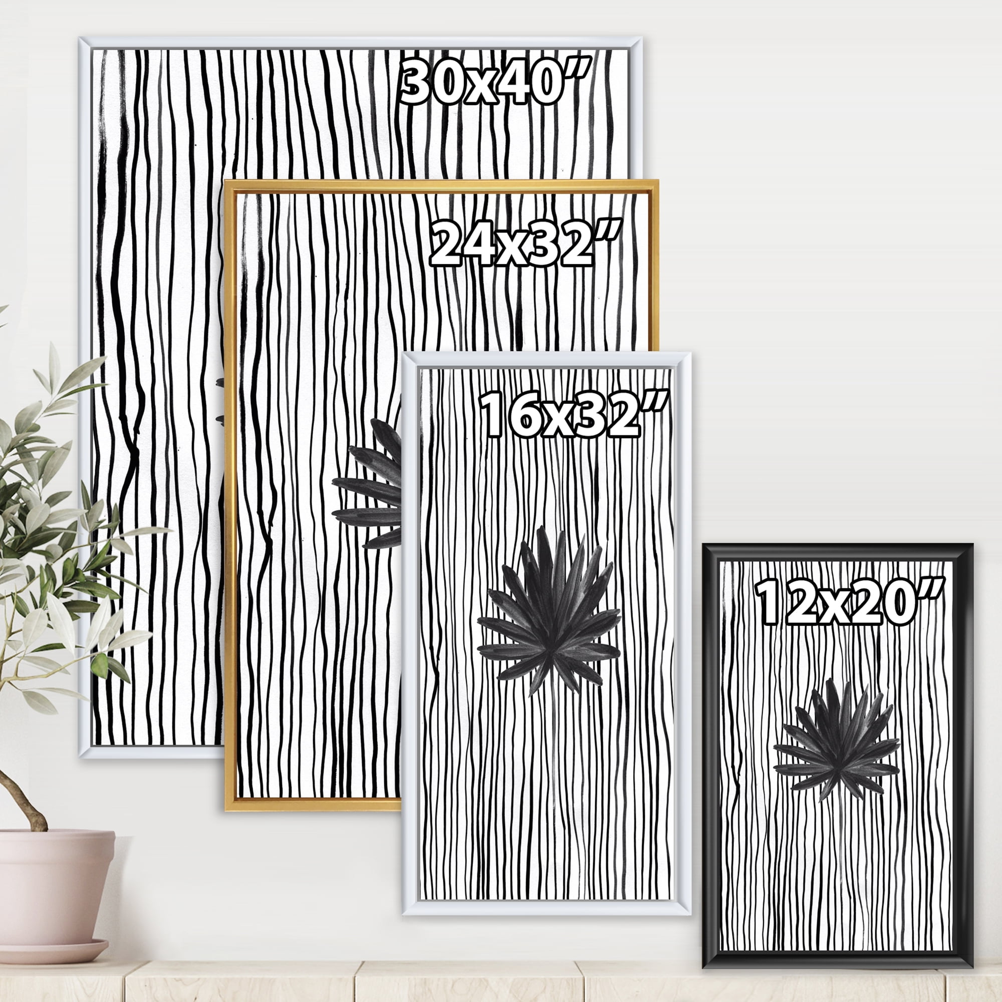 Designart 'Black and White Striped Under Tropical Leaf III' Modern Framed Canvas Wall Art Print