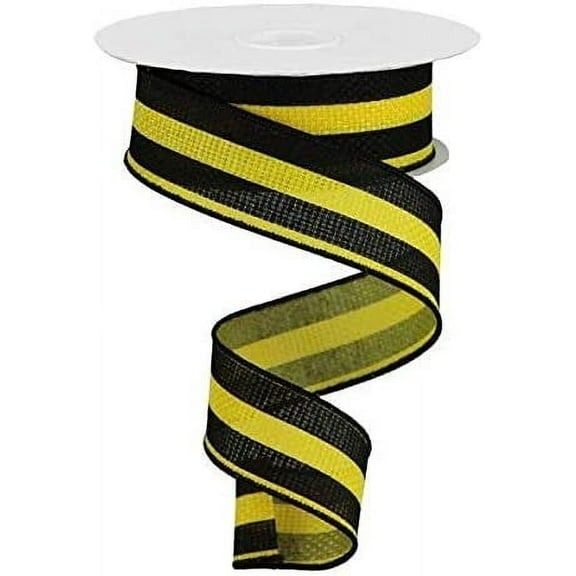 Vertical Stripe Wired Edge Ribbon - 10 Yards Sun Yellow, Black, 1.5"