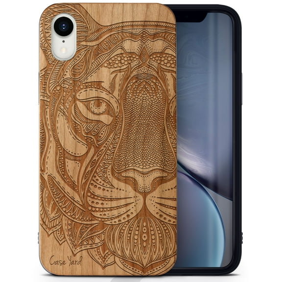 Case Yard Wooden Case Outside Soft TPU Silicone, Slim Fit Shockproof Wood Protective Phone Cover for Girls Boys Men and Women, Supports Wireless Charging Doodle Tiger Face Design case for iPhone-XR