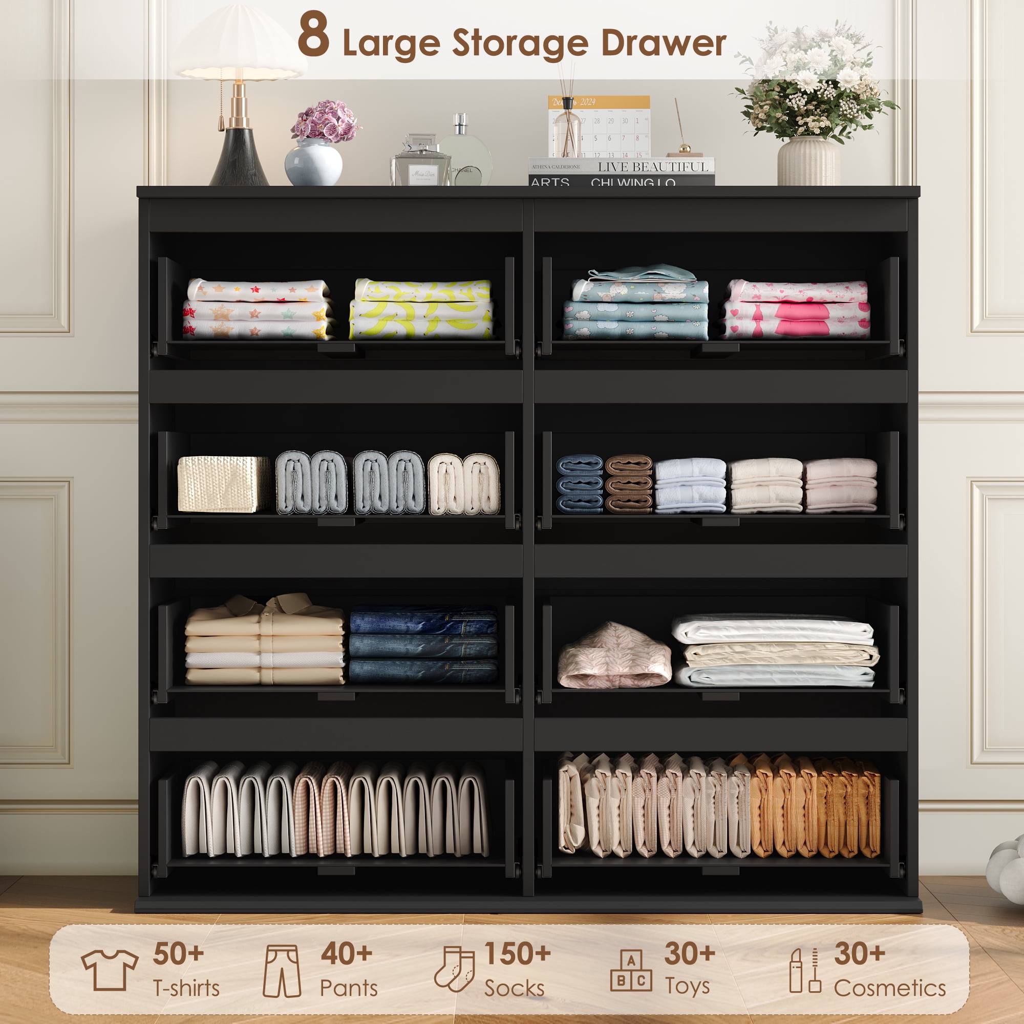 Homfa 8 Drawer Dresser for Bedroom, 41.3" Horizontal Dresser Chest with Easy Pull Bevel Handle, Storage Cabinet for Living Room, Black
