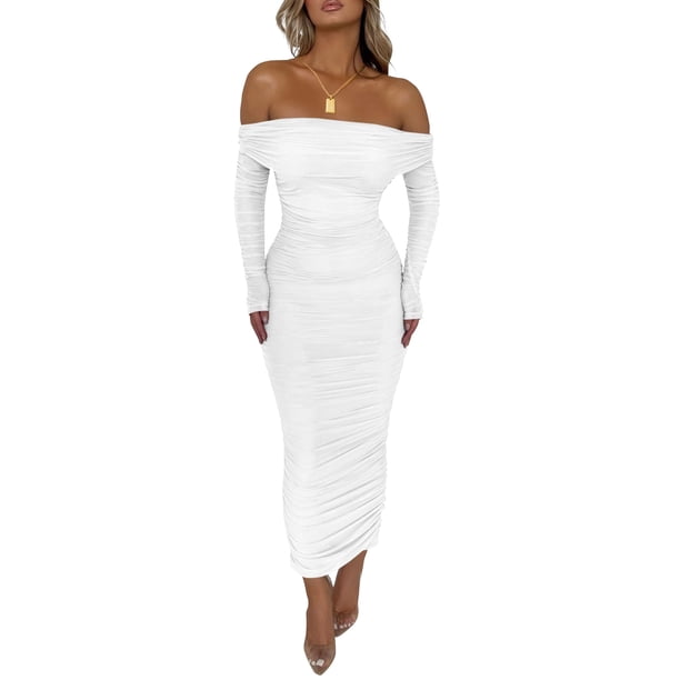 Vestido PRETTYGARDEN para mujer, maxi con hombros descubiertos, fruncido, blanco, talla S