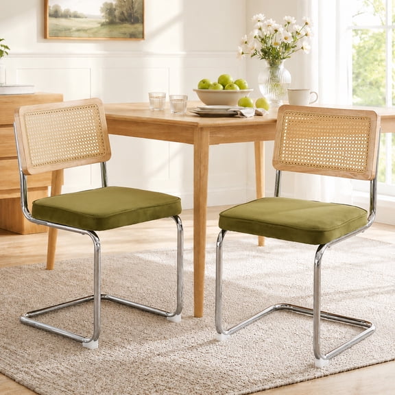 Dining Chairs Set of 2, PAPROOS Velvet Upholstered Dining Chairs, Rattan Kitchen Dining Chairs with Cane Back and Stainless Steel Chrome Legs, Olive Green Dining Room Chairs for Kitchen Dining Room