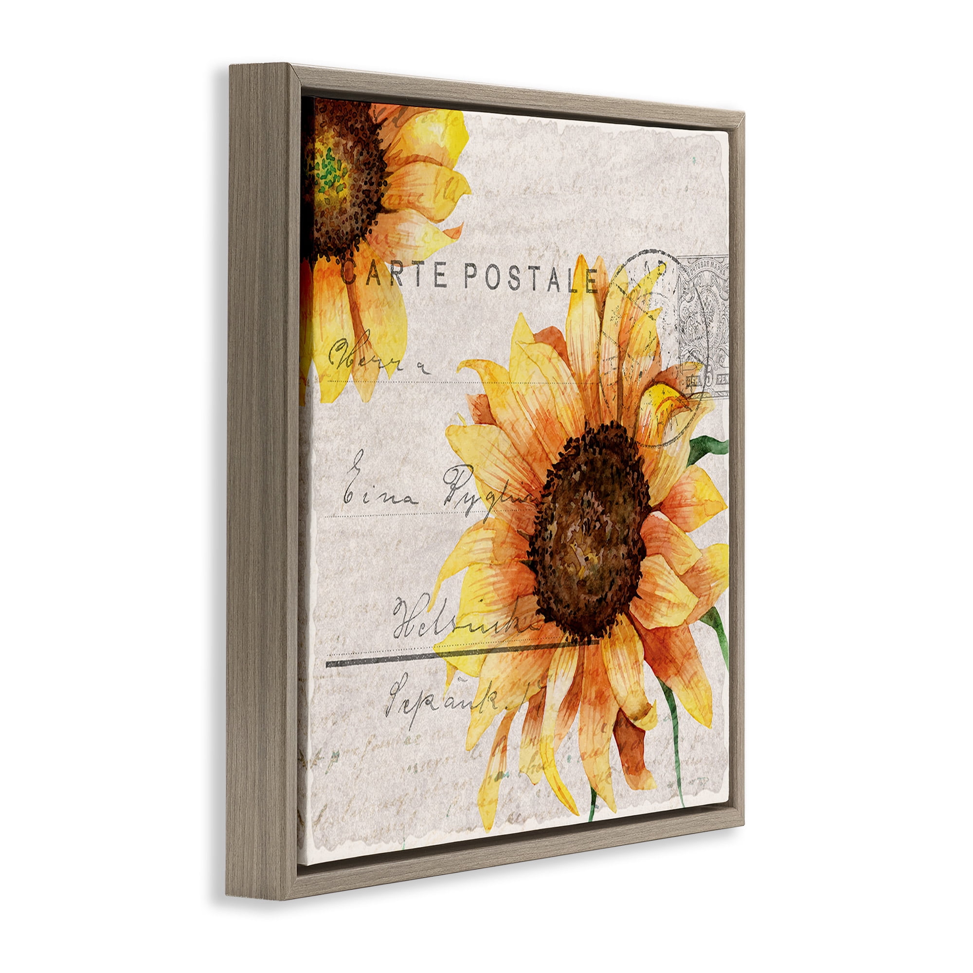 Stupell Industries Sunflower Vintage Mail Post Botanical & Floral Painting Brown Floater Framed Canvas Art Print Wall Art, 18 x 18