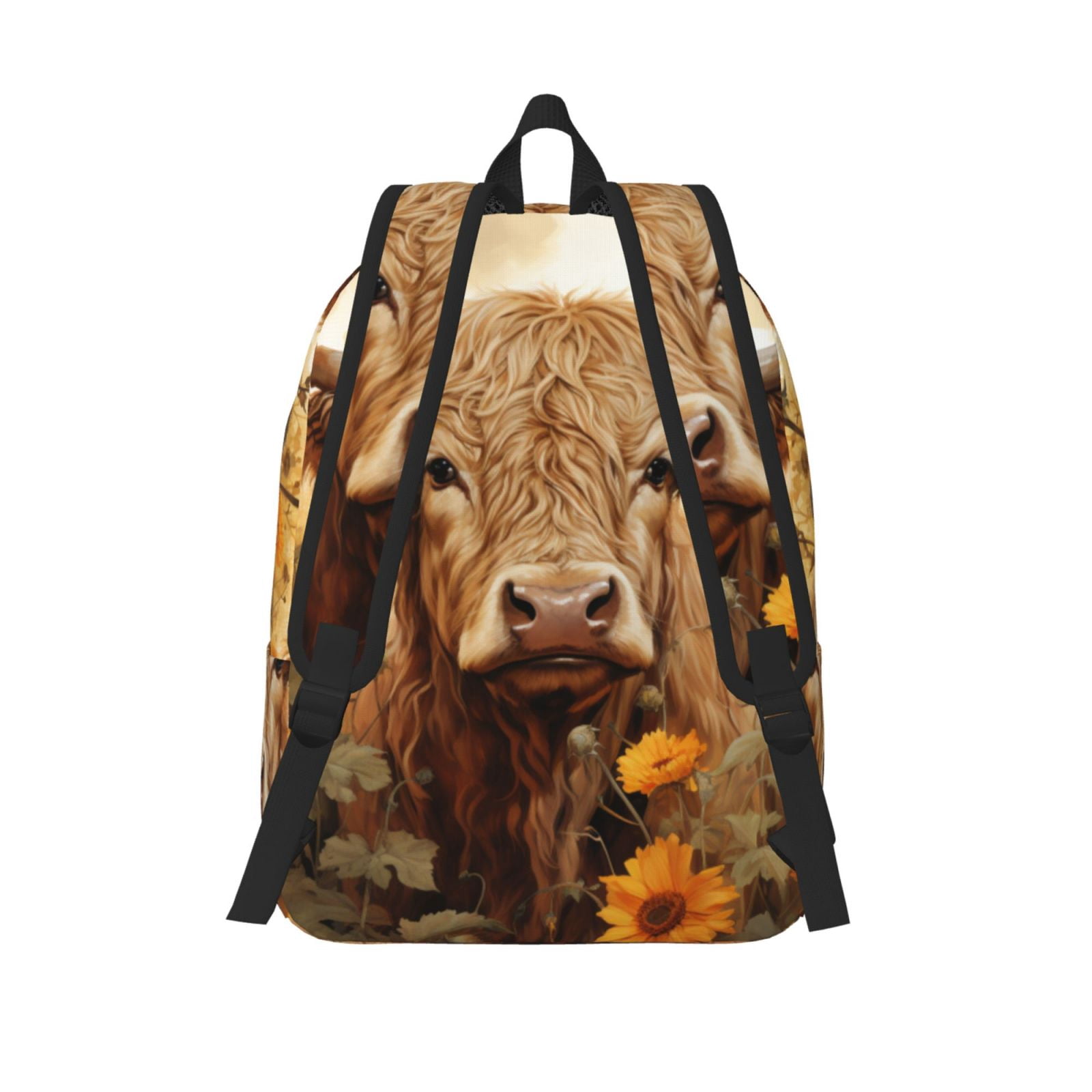 Picia Vintage Sunflower Cow Printed Canvas Daypack - Stylish and Durable Vintage Compact Backpack - Class, Work, Travel, or Laptop Bookbag,Organized Compartments-Small