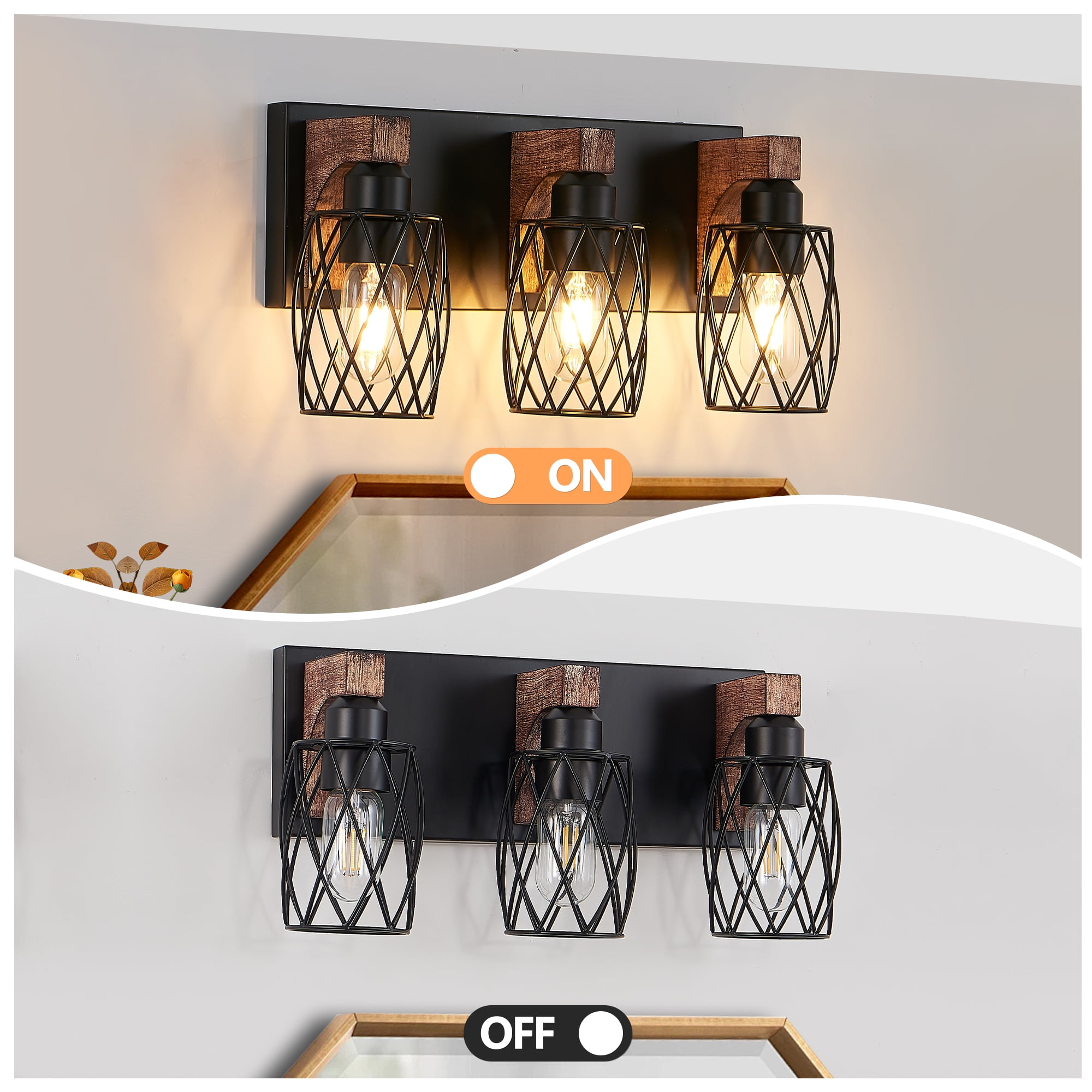 Miniyam 17.5 in. W 3 Lights Vanity Light Industrial Walnut Black Wall Sconce Black Cage Lighting Fixture for Bathroom Over Mirror, E26, No Bulbs Included