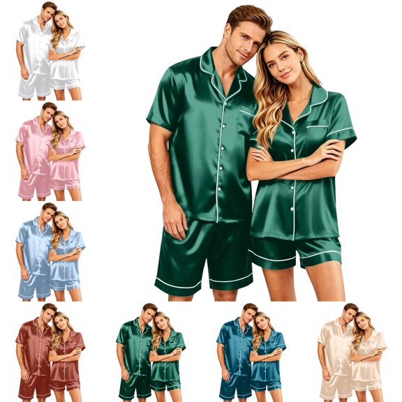 OIOLOYJM Couple Matching Pajama Sets for Men Loose Fit Daily Wear for Women with Pocket Silk Satin Smooth Button Down Short-Sleeve Sleepwear Two Piece Relaxed Fit Casual Sets Dark Green XL