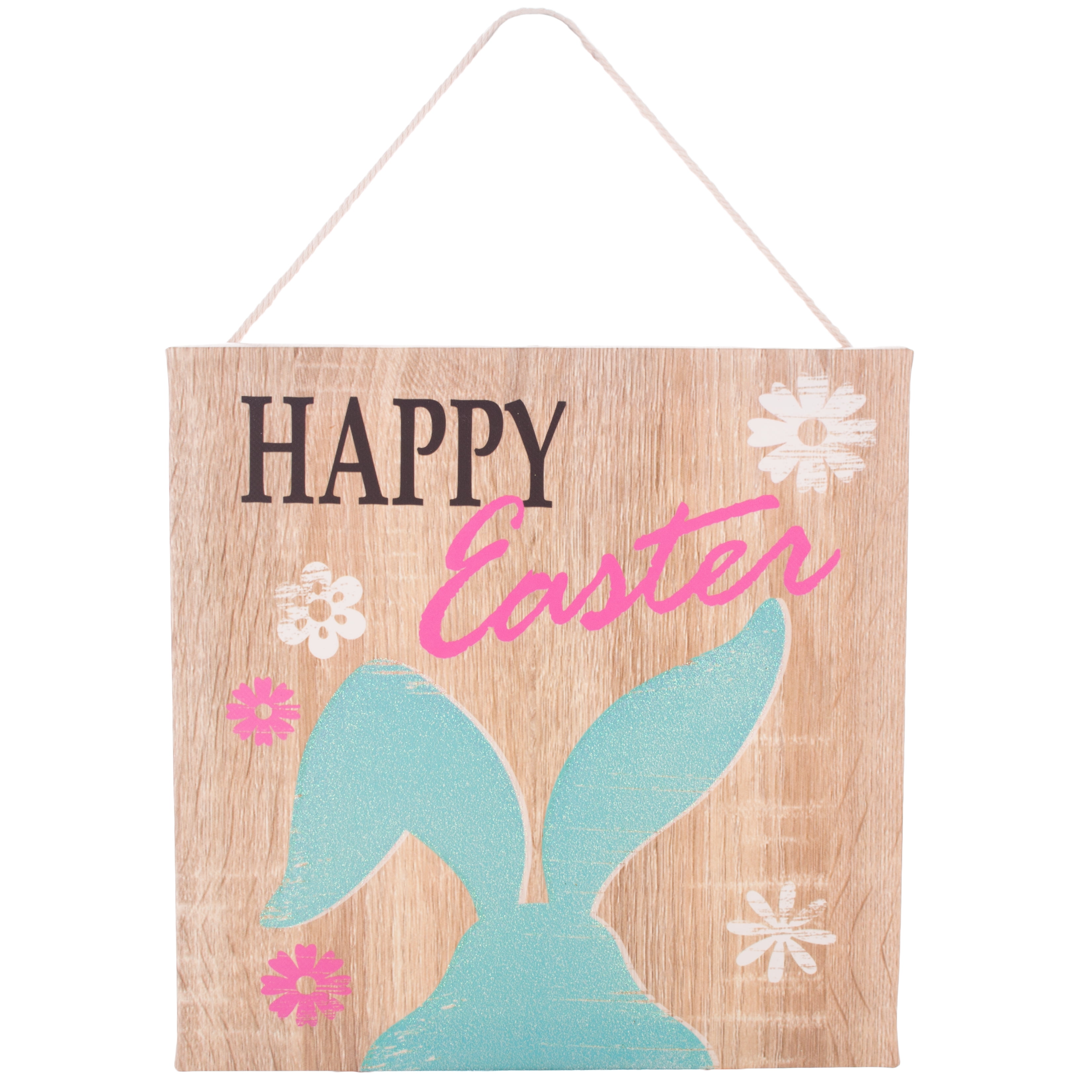 Happy Easter Decor Glitter Rabbit Canvas Style Hanging 8" Wall Art
