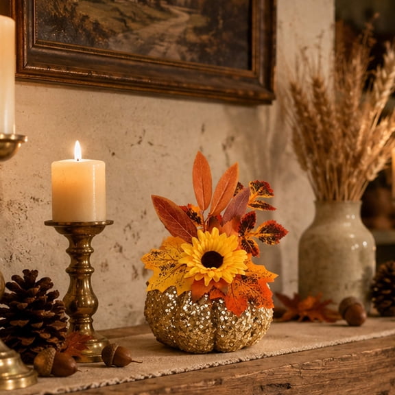 Taylonsss Glitter Pumpkin Dahlia Fall Arrangement, Artificial Autumn Leaf Centerpiece Decor, Thanksgiving Halloween Tabletop Accent, Seasonal Harvest Mantel Shelf Display