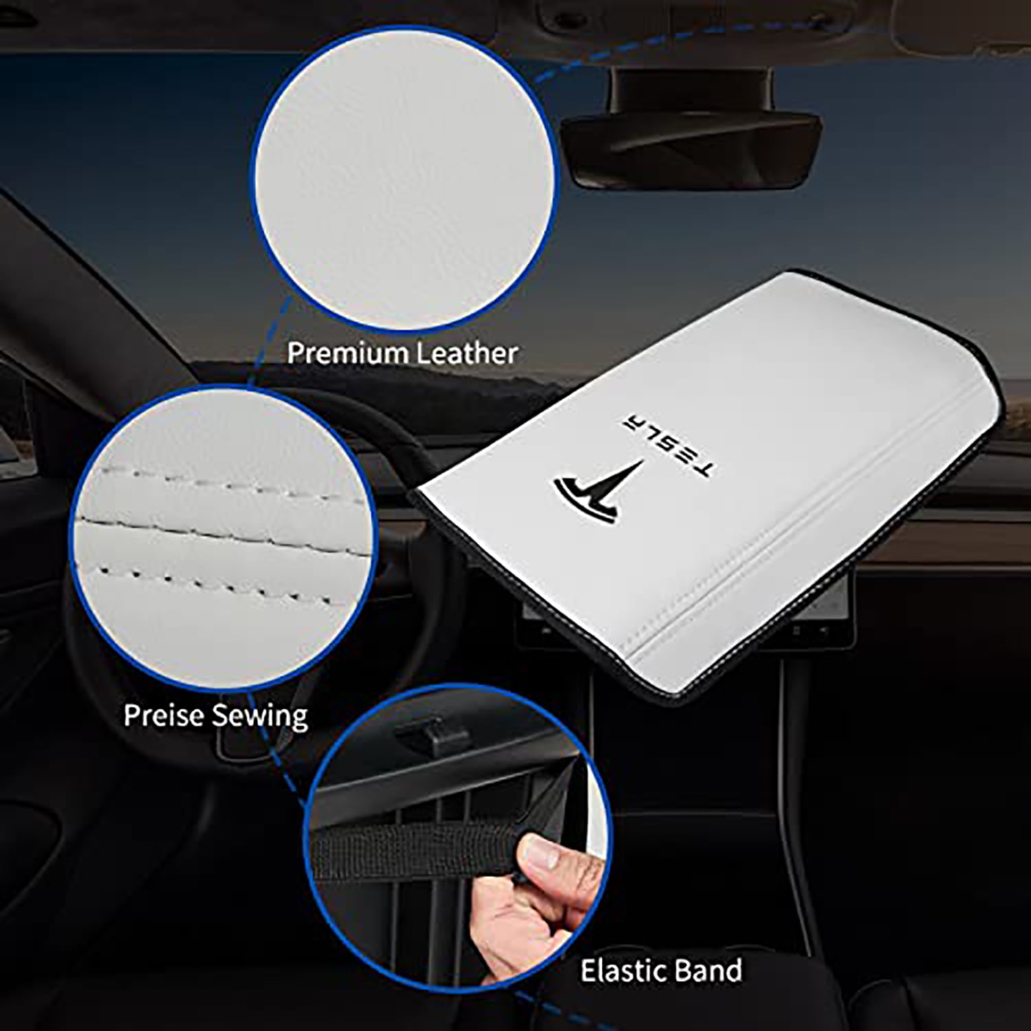 Center Console Cover for Tesla Model Y Model 3, Non-slip Armrest Cover for Tesla Model 3 Y Accessories, PU Leather Armrest Box Pad Protector (White)