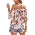 thumbnail image 3 of Blusa con hombros descubiertos para mujer, manga corta, estampado floral, ribete con volantes, correa para el hombro, Top de verano blanco XXL, 3 of 8