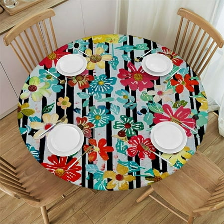 

BCIIG Flowers Stripes Colorful Round Table Cover Stain Resistant Washable Perfect for Indoor Outdoor Kitchen Dining Wedding Parties Elastic Edge 100% Polyester Fiber 42-46