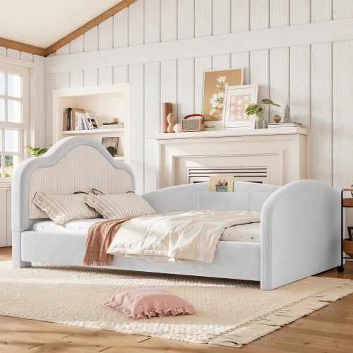 Full Size Upholstered Kids Floor Bed with Curved Headboard, Safety Side Rails & Storage Pocket, Low Profile Playhouse Bed, Light Gray