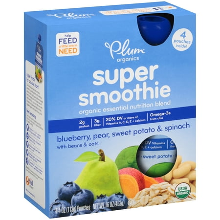 Plum Organics Super Smoothie Blueberry, Pear, Sweet Potato & Spinach Organic Essential Nutrition Blend 4-4 oz. Pouches