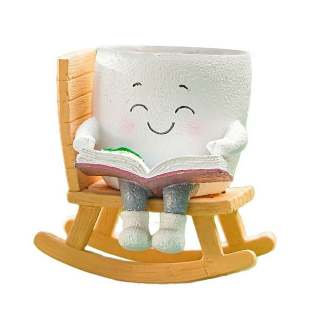 Maceta mecedora con cara sonriente, maceta de mesa para suculentas, maceta de resina con cabeza de dibujos animados para plantas de interior y exterior.