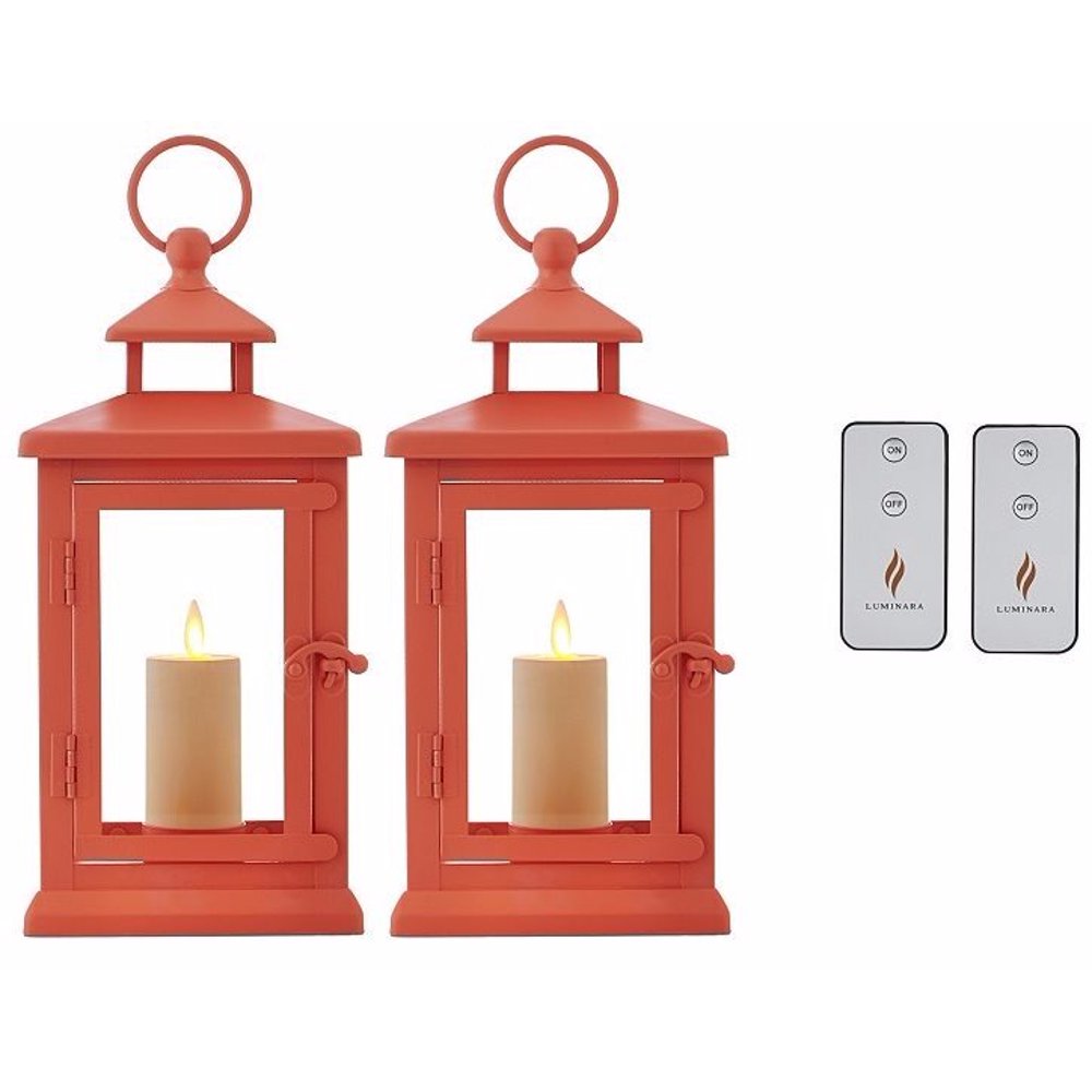 Luminara 11" Hudson Lanterns w/ Flameless Candle Set of Two Coral