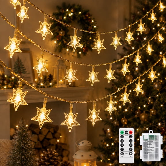 Christmas Lights, 23 Ft 60 LED Snowflake String Lights Battery Operated Waterproof Fairy Lights for Bedroom Patio Room Garden Party Home Xmas Decor Indoor Outdoor Christmas Tree Decorations