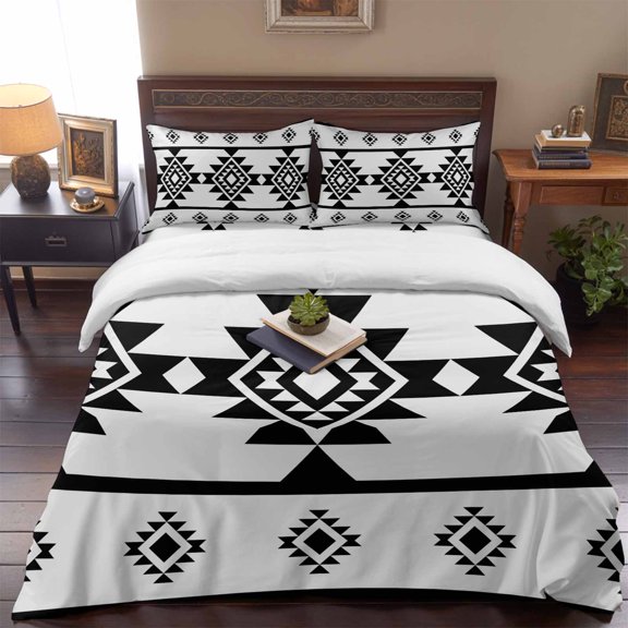 Aztec Triangle Pattern 4 Piece Bedding Set, Black White Western Tribal Twin Size Duvet Cover Set with Zipper Closure & Corner Ties Soft Breathable Comforter Cover for Bedroom