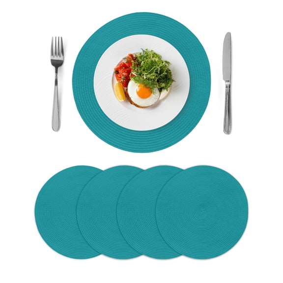 Teal Round 13 Inch Placemats Set of 4, Turquoise Pure Teal HeatResistant Non Slip Place Mats for Dining Table, Wipeable Braided Kitchen Table Mats for Housewarming