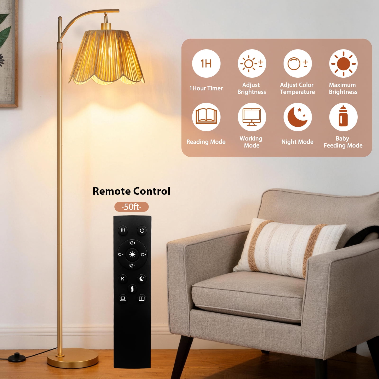 67" Arc Floor Lamp for Living Room,Rattan Boho Floor Lamp with Remote Control,3 Color Temperature Dimmable Standing Lamp Tall Pole Lamps for Bedroom,Gold,Bulb Included