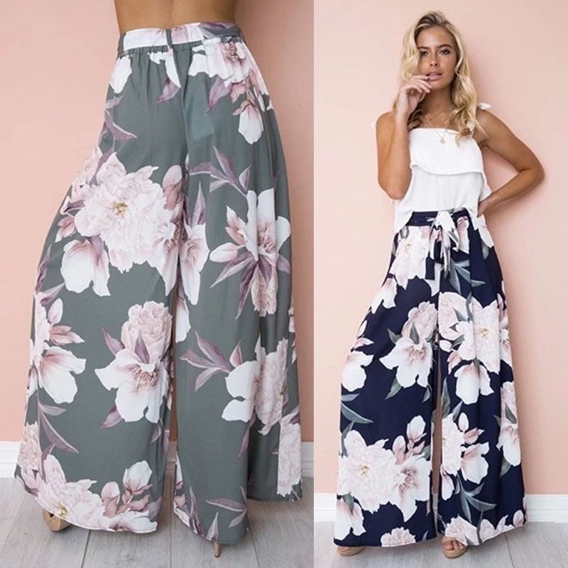 New Womens Summer Floral Pants Casual High Waist Flare Wide Leg Long Trousers | Walmart Canada