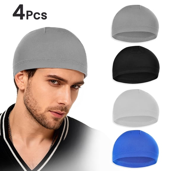 Deally 4 Pcs Skull Caps for Men, Soft Lightweight Beanie, Welding Cap Helmet Liner Running Cooling Skull Caps for Men, Hat Sweat Protector Cycling Do Rag for Summer Sports Black