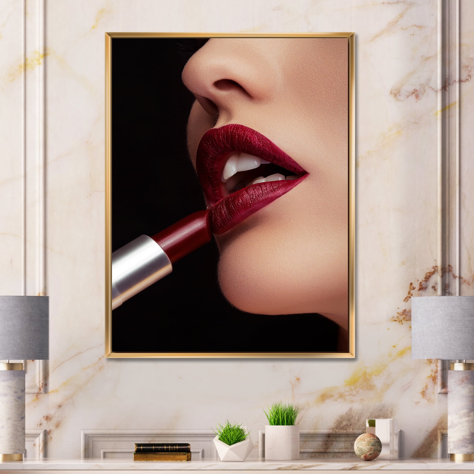 Designart 'Woman Applying Red Lipstick On Lips I' Modern Framed Canvas Wall Art Print