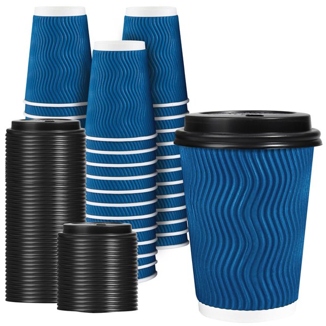 Tazas de café desechables Lamosi 350 ml, paquete de 50 con tapas, azules