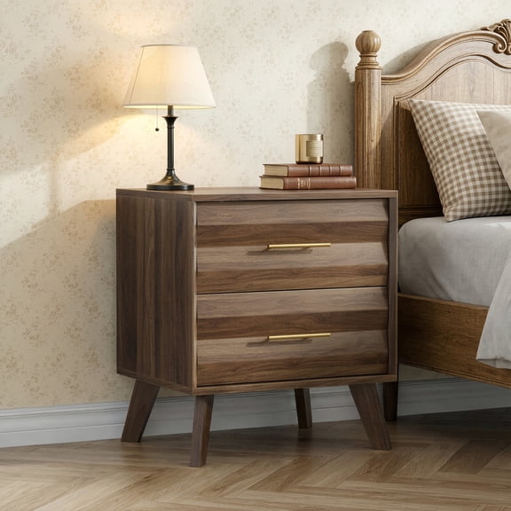 1-Pcs Accent Wooden Nightstand with Gold Metal Handles, Bedside Storage Table Small Cabinet with 2 Drawers