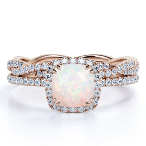 JeenMata Crossover - 1.5 Carat Cushion Cut Real Welo Opal and Moissanite - Halo Pave Setting - Double Prong Wedding Ring Set - 18K Rose Gold Plating over Silver