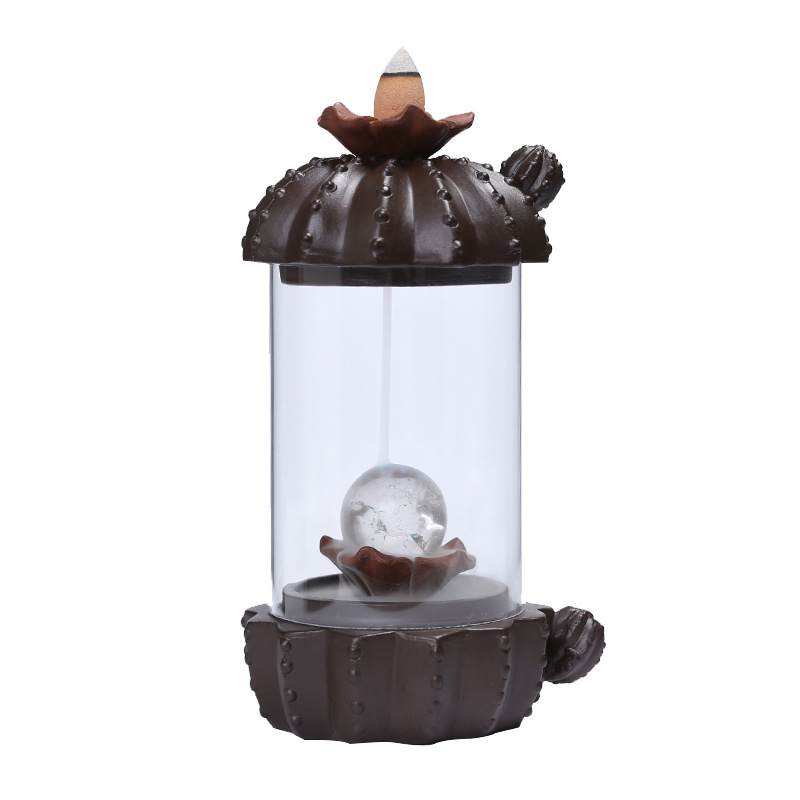 Purple Sand Windshield Backflow Incense Holder Creative Cactus LED Lamp Home Tea Room Aromatherapy Incense Burner Office Yoga Room Decoration