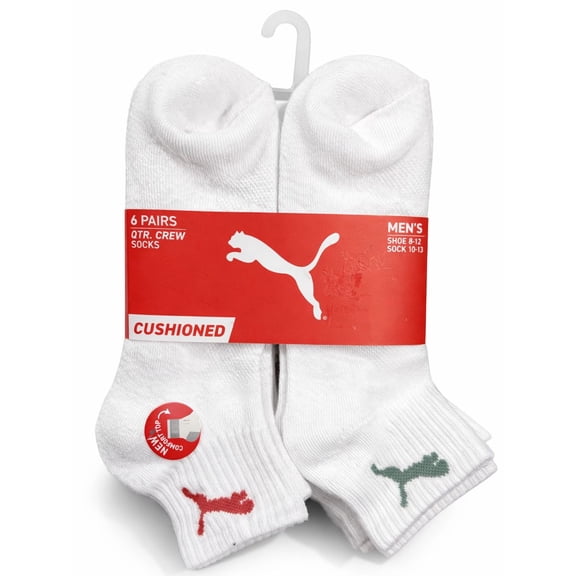 PUMA SOCKS MEN'S - QUARTER CUT - SOLID 263 - WHITE - LARGE (10-13) PACK 6 XX