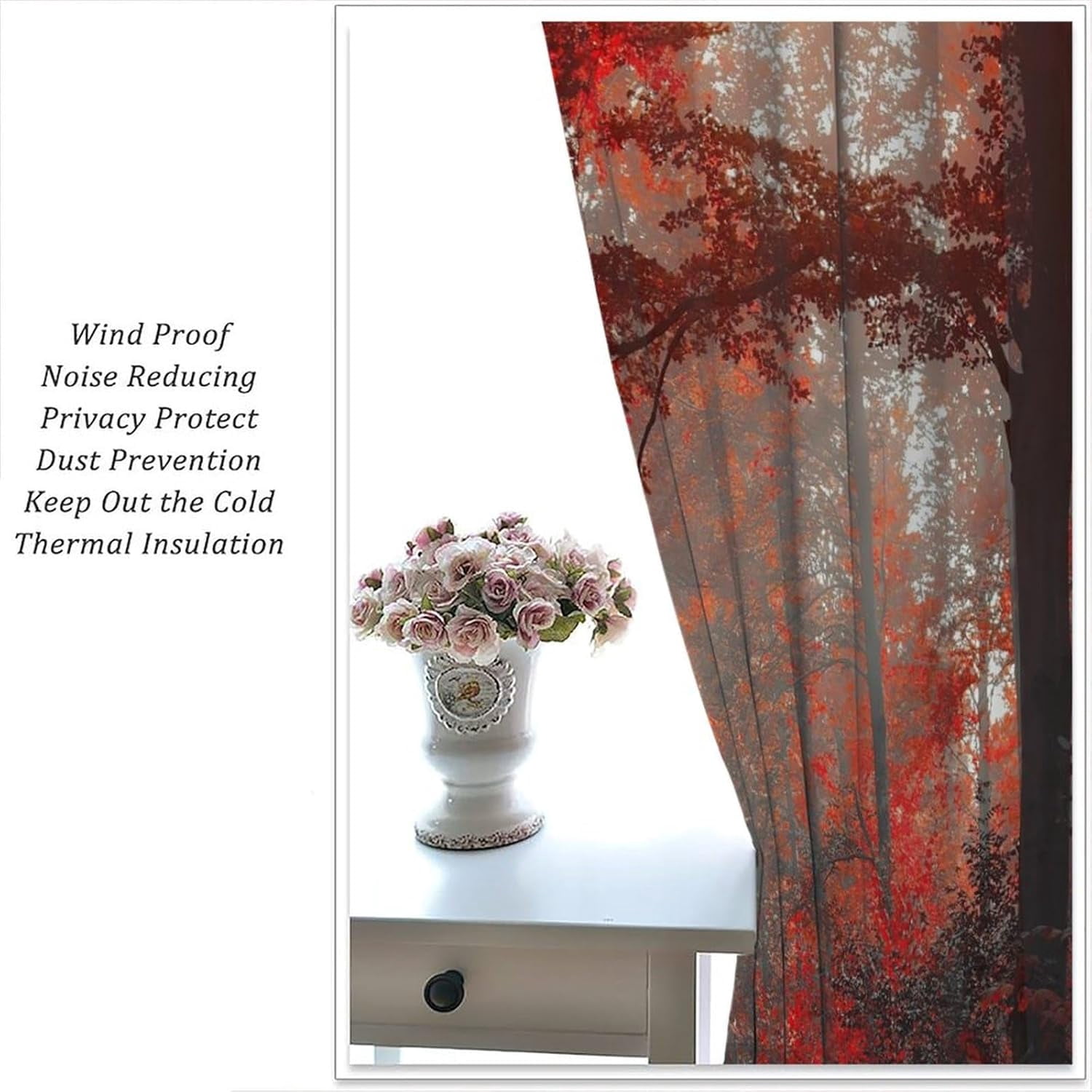 Red Maple Forest Curtains, Natural Scenery Forest Trees and Grass Pattern Printed Window Treatments for Bedroom Living Room Thermal Insulation Curtains 42x63 Inch