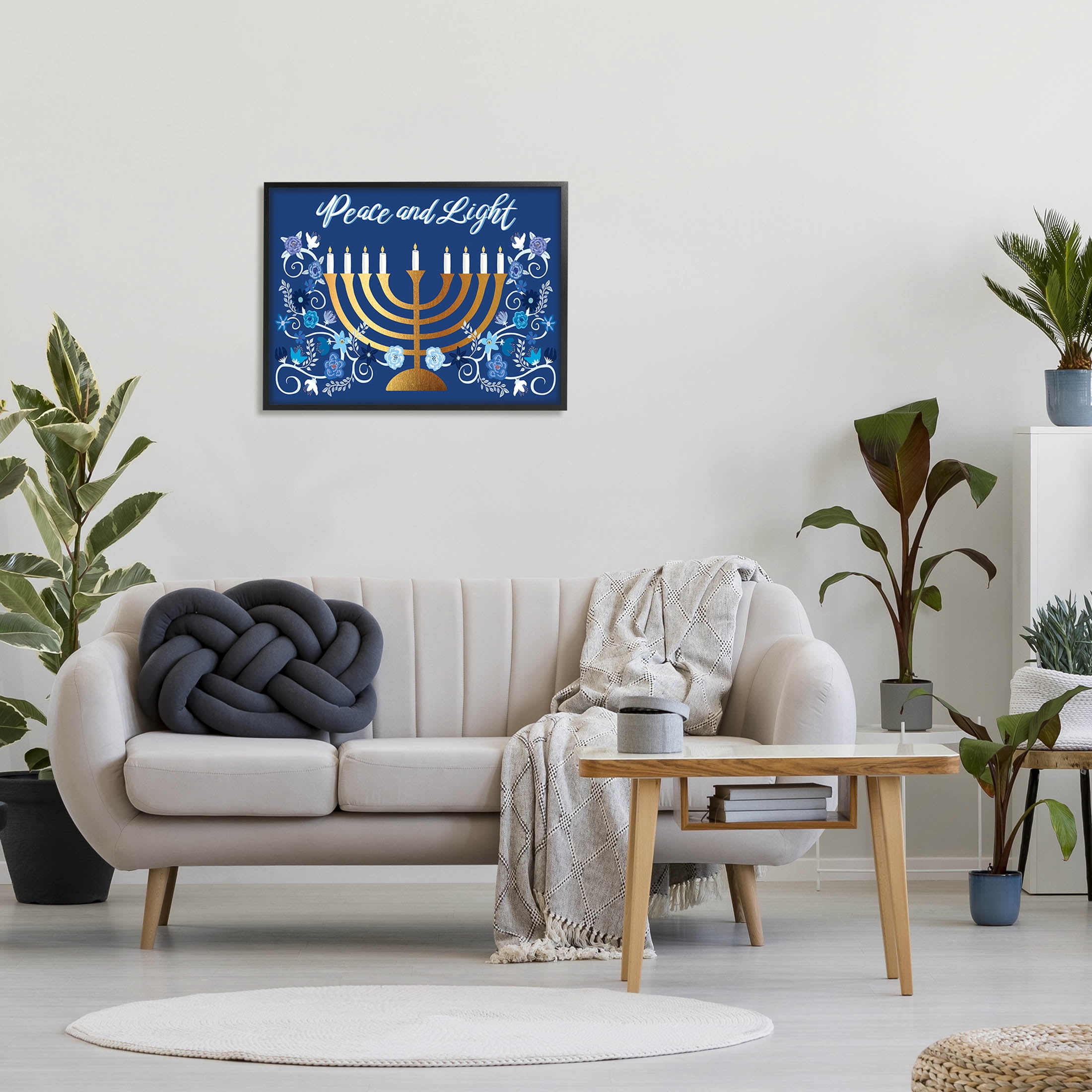 Peace & Light Floral Hanukkah Menorah Holiday Graphic Art Black Framed Art Print Wall Art