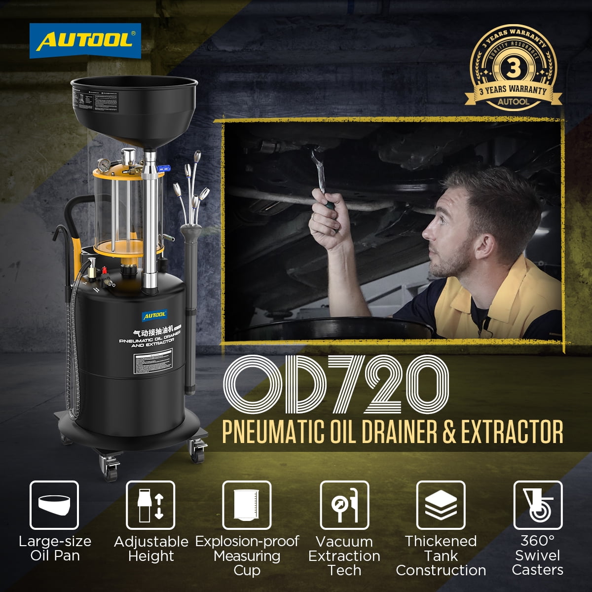 AUTOOL OD720 Pneumatic Oil Drainer & Extractor Vacuum Oil Pumping Machine Waste Oil Drain Tank 10L Large Capacity Portable Oil Drain Container W/ 4 Wheels for Waste Oil Recycling
