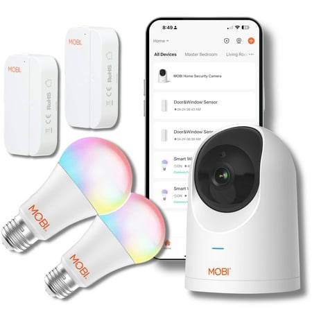 Smart HomeGuard Security Bundle: 1x Camera, 2 x Door/Window Sensor, and 2 x Smart LED Bulb - Expandable By Adding Additional MOBI Monitoring Devices